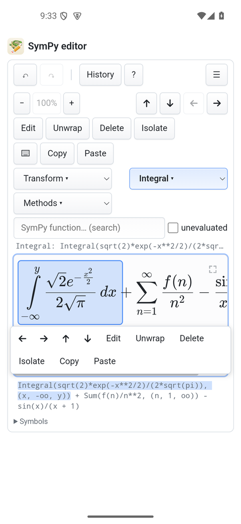 The editor on Android: the Gaussian integral selected