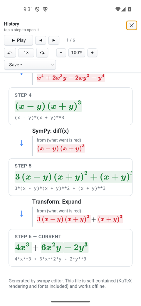 A derivation's history on Android, each step's change in red and green